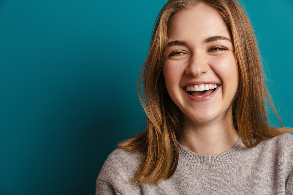 Smiling woman with long hair against a teal background